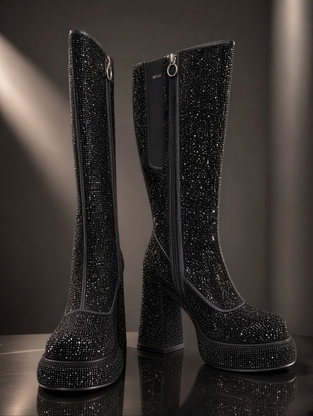 Sugar Thrillz Bling It Up Platform Boots Size 8 Black Rhinestone Y2K Go Go NWT
